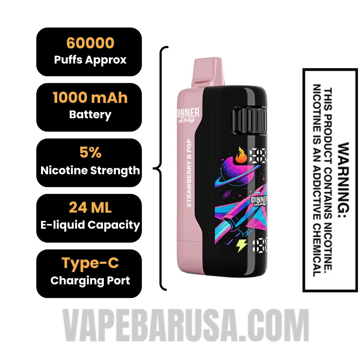Strawberry B Pop Dinner Lady Galax 60K Disposable Vape Specifications