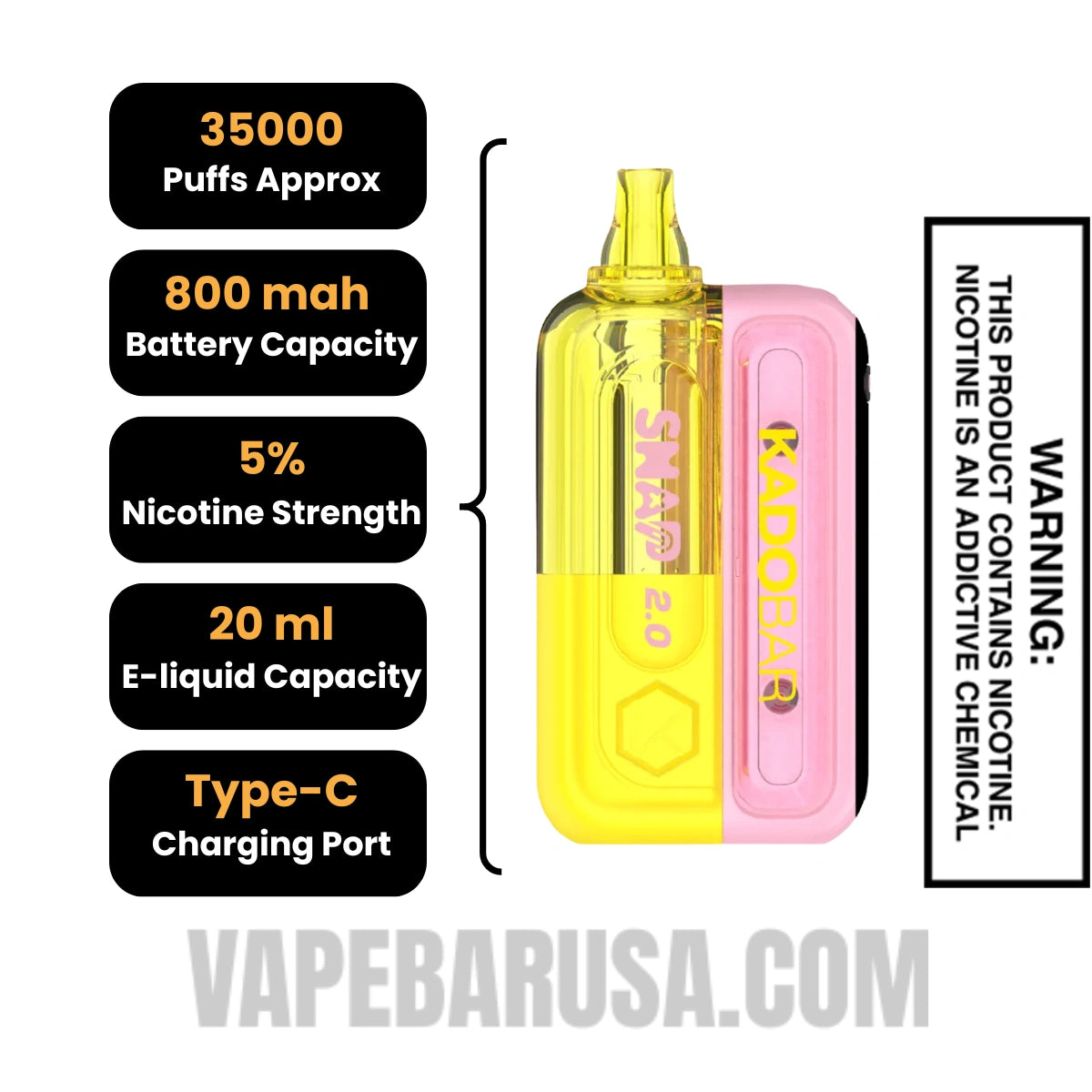 Strawberry Banana Kado Bar Snap 2.0 35K Disposable Vape Kit
Rich text editor Specifications