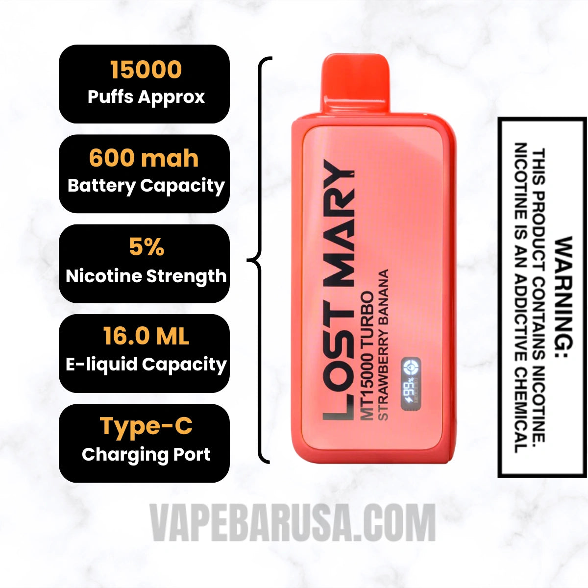 Strawberry Banana Lost Mary MT15000 Turbo Disposable Vape Specifications