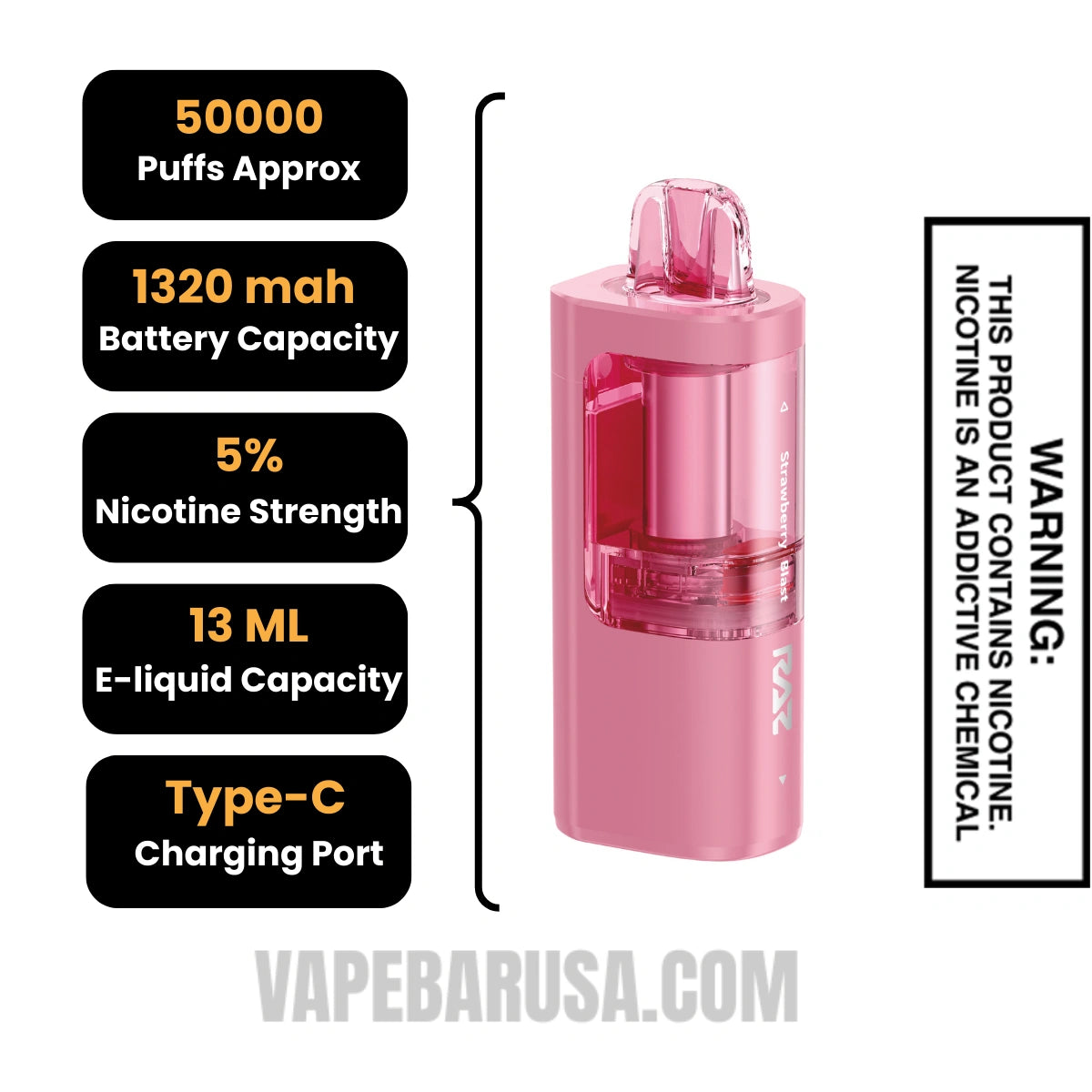 Strawberry Blast RAZ VUE 50K Disposable Pod Specifications