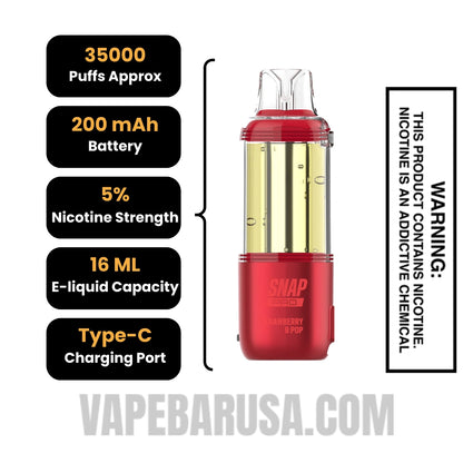 Strawberry B pop Dinner Lady Snap Pro 35K Disposable Vape Pod Specifications