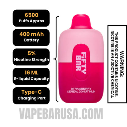 Strawberry Cereal Donut Milk Fifty Bar Disposable Vape 6500 Puffs Specifications