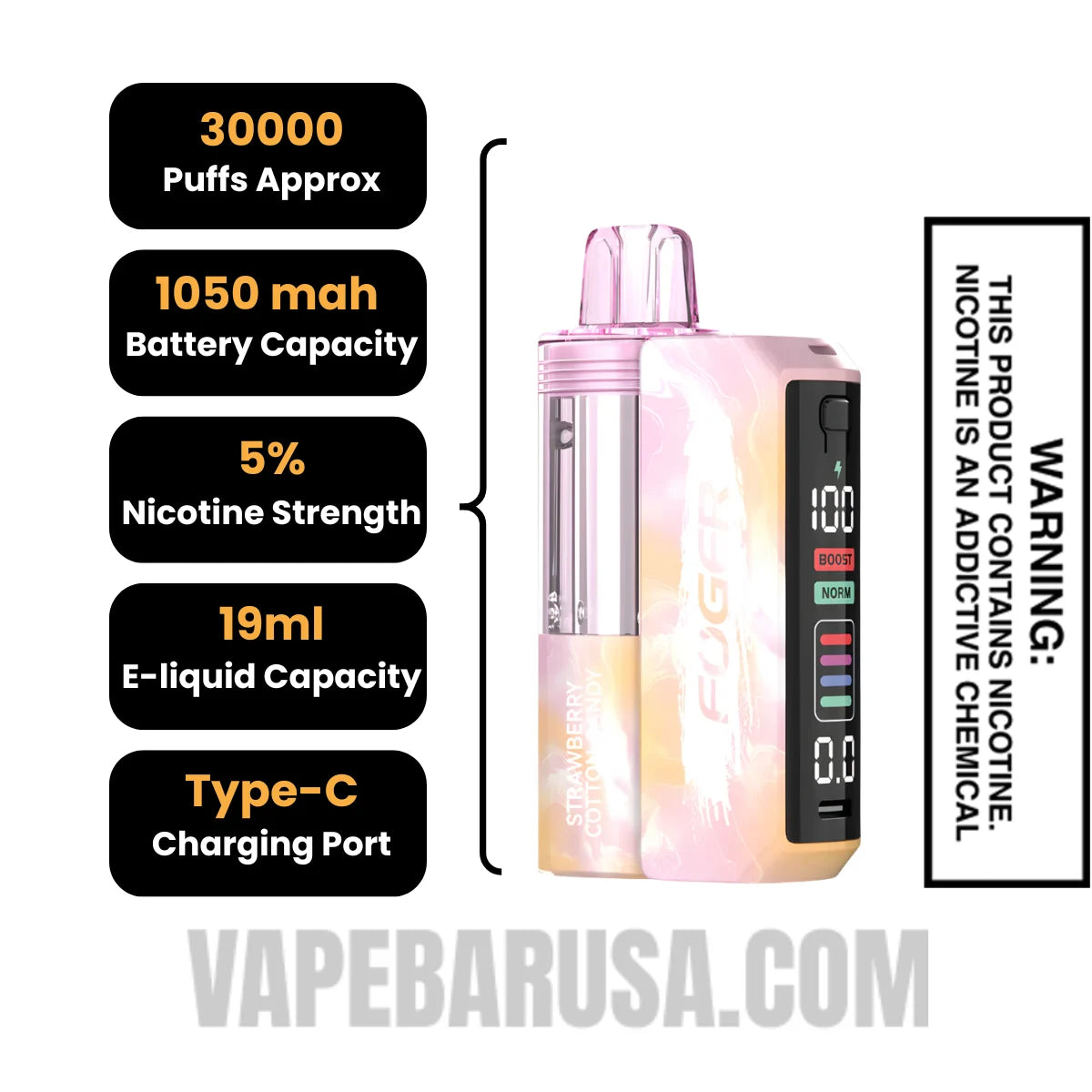 Strawberry Cotton Candy Foger Switch Pro 30K Disposable Vape Kit Specifications