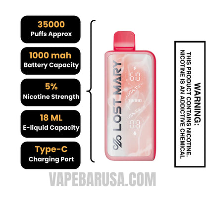 Strawberry Dragon Lemonade Lost Mary MT35000 Turbo Disposable Vape specifications