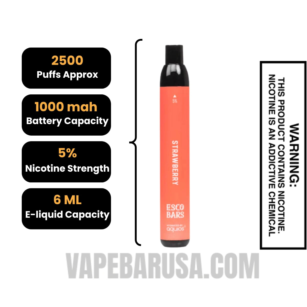 Strawberry Esco Bars 2500 Puffs Disposable Vape Specifications