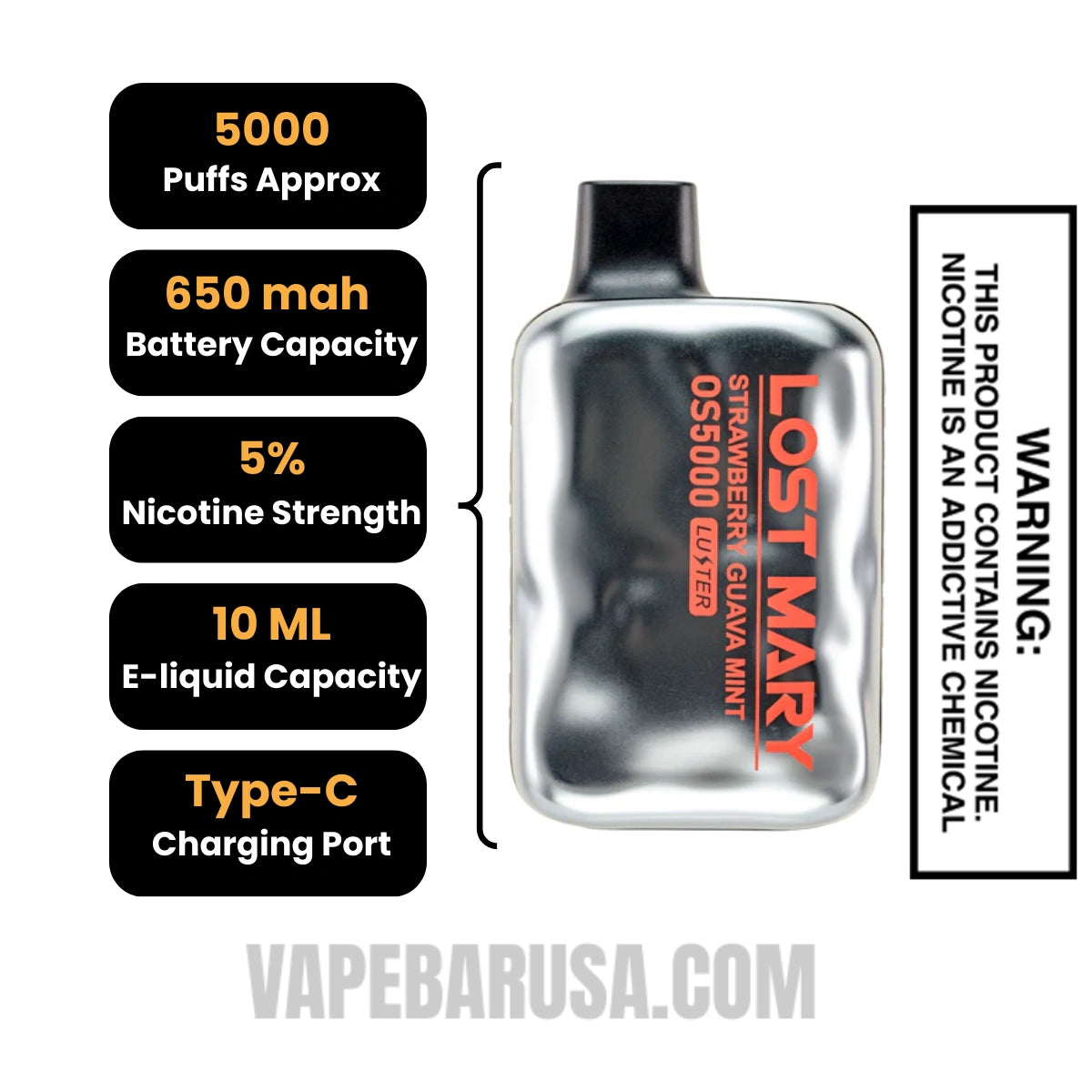Strawberry Guava Mint Lost Mary OS5000 Disposable Vape Specifications