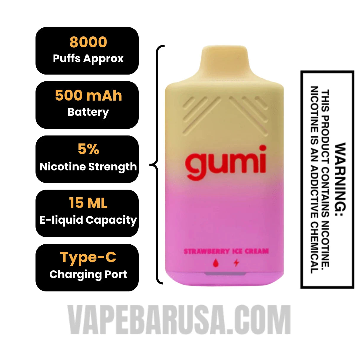 Strawberry Ice Cream Gumi Bar Disposable Vape 8000 Puffs Specifications