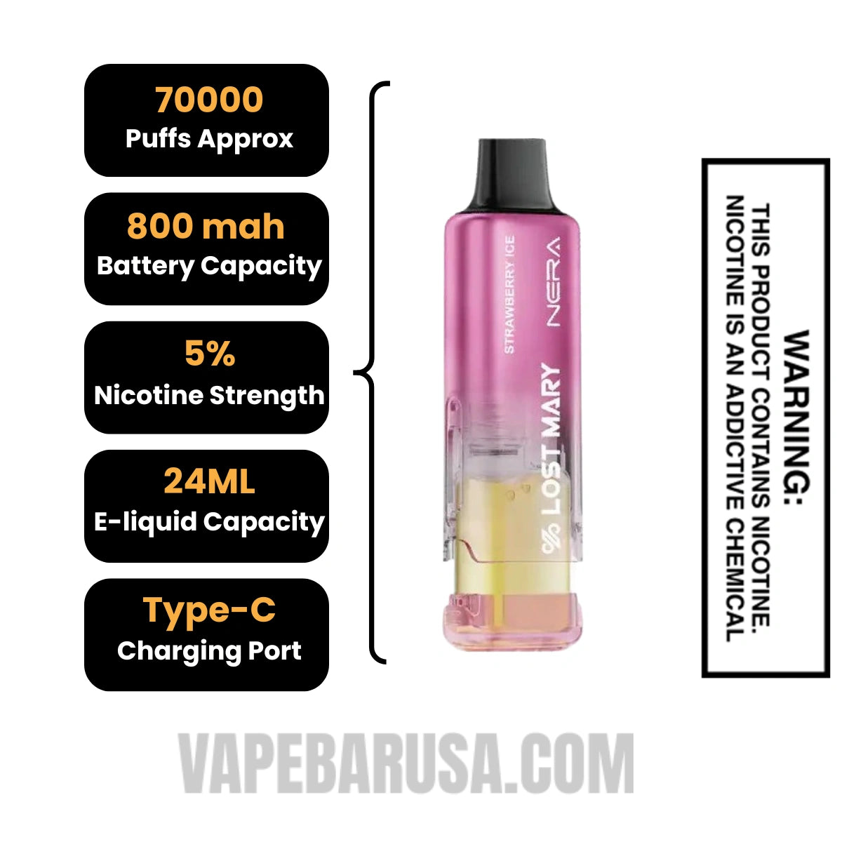 Strawberry Ice Lost Mary Nera Fullview 70K Disposable Vape Pod Specifications