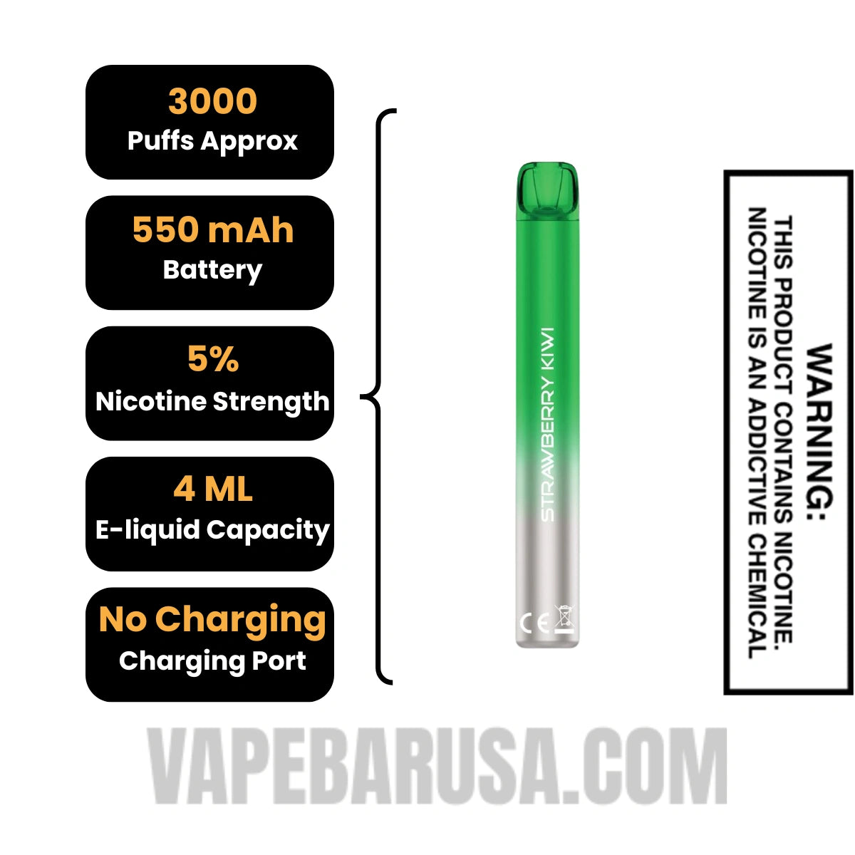 Strawberry Kiwi Voom Mesh 3000 Puffs Disposable Vape Specifications