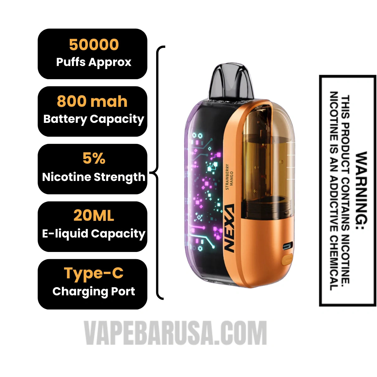 Strawberry Mango Nexa Ultra 50K Disposable Vape Specification