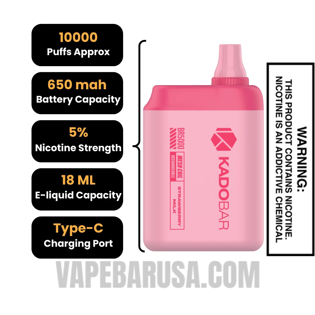 Strawberry Milk Kado Bar BR5000 Disposable Vape Specifications