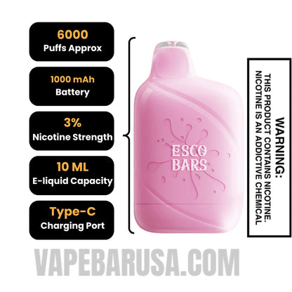 Strawberry Shortcake Esco Bar Mesh Vape 6000 Puffs 3% Nic Specifications