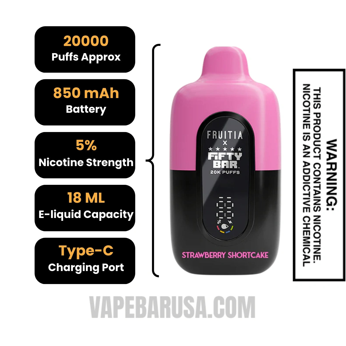 Strawberry Shortcake Fruitia X Fifty Bar 20K Disposable Vape Specifications