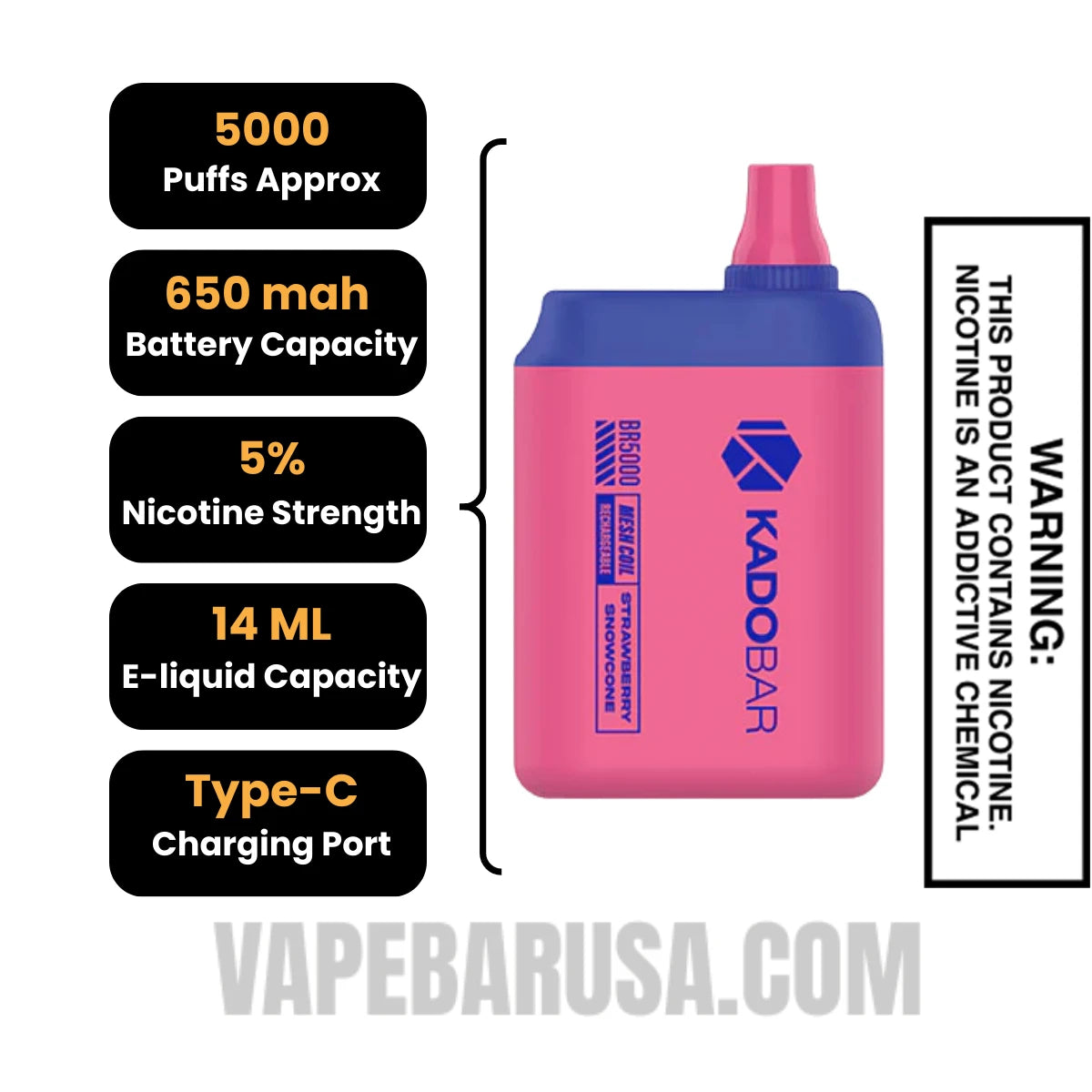 Strawberry Snowcone Kado Bar BR5000 Disposable Vape Specifications