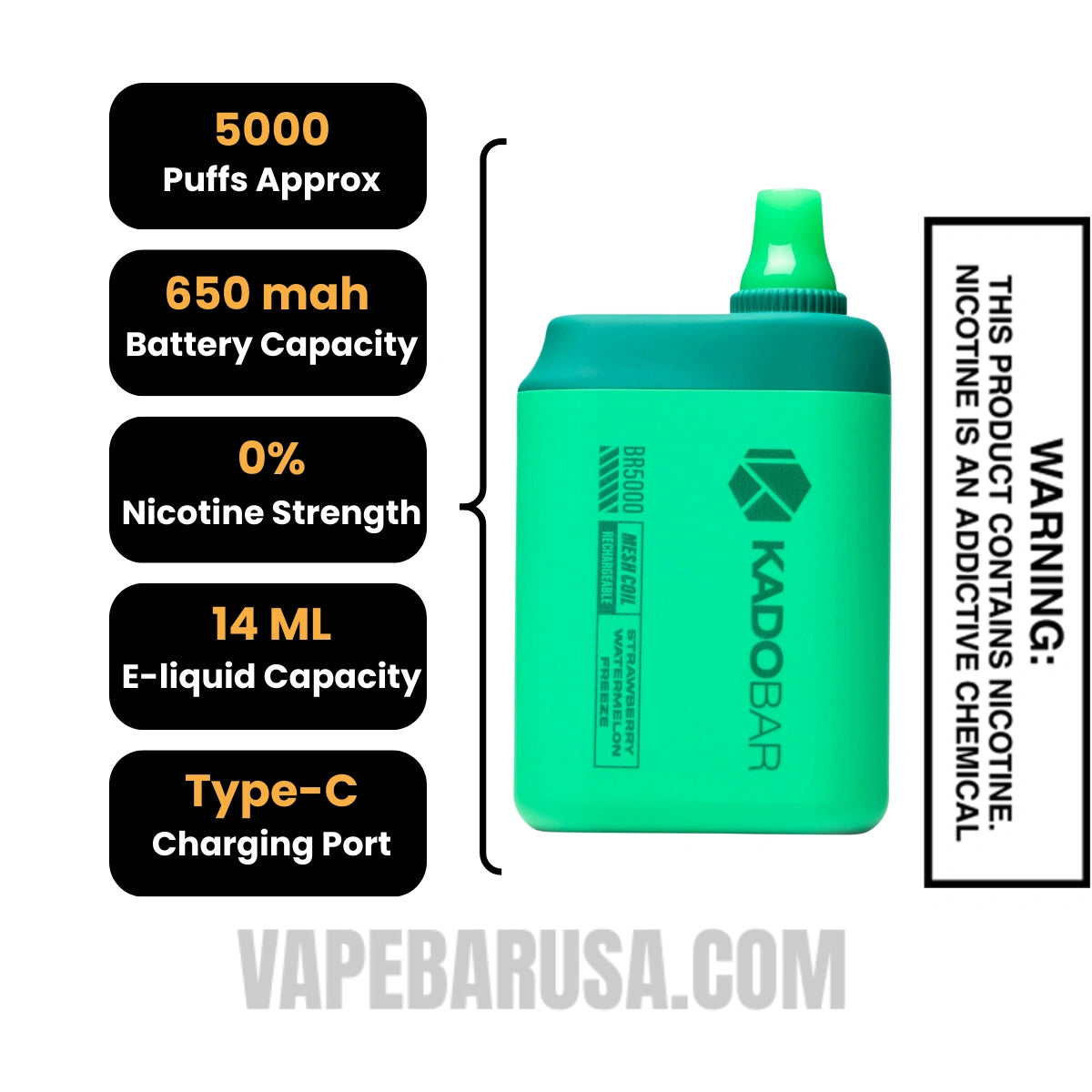 Strawberry Watermelon Freeze Kado Bar BR5000 Zero Nicotine Disposable Vape Specifications