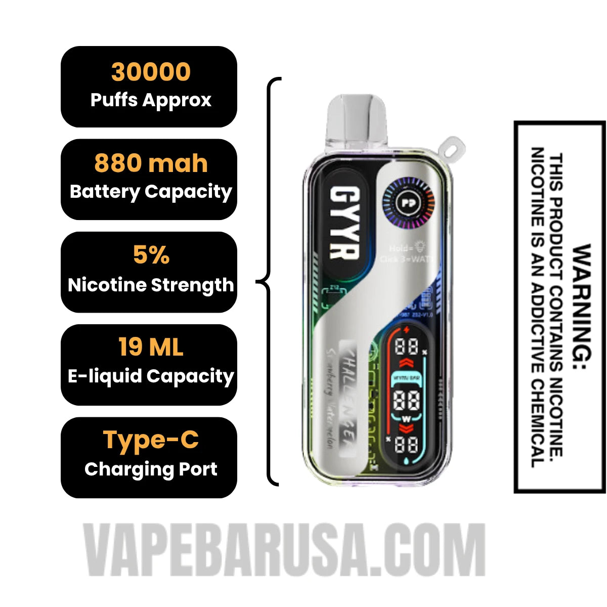 Strawberry Watermelon GYYR X Wynn Bar Challenger 30K Vape Specifications 