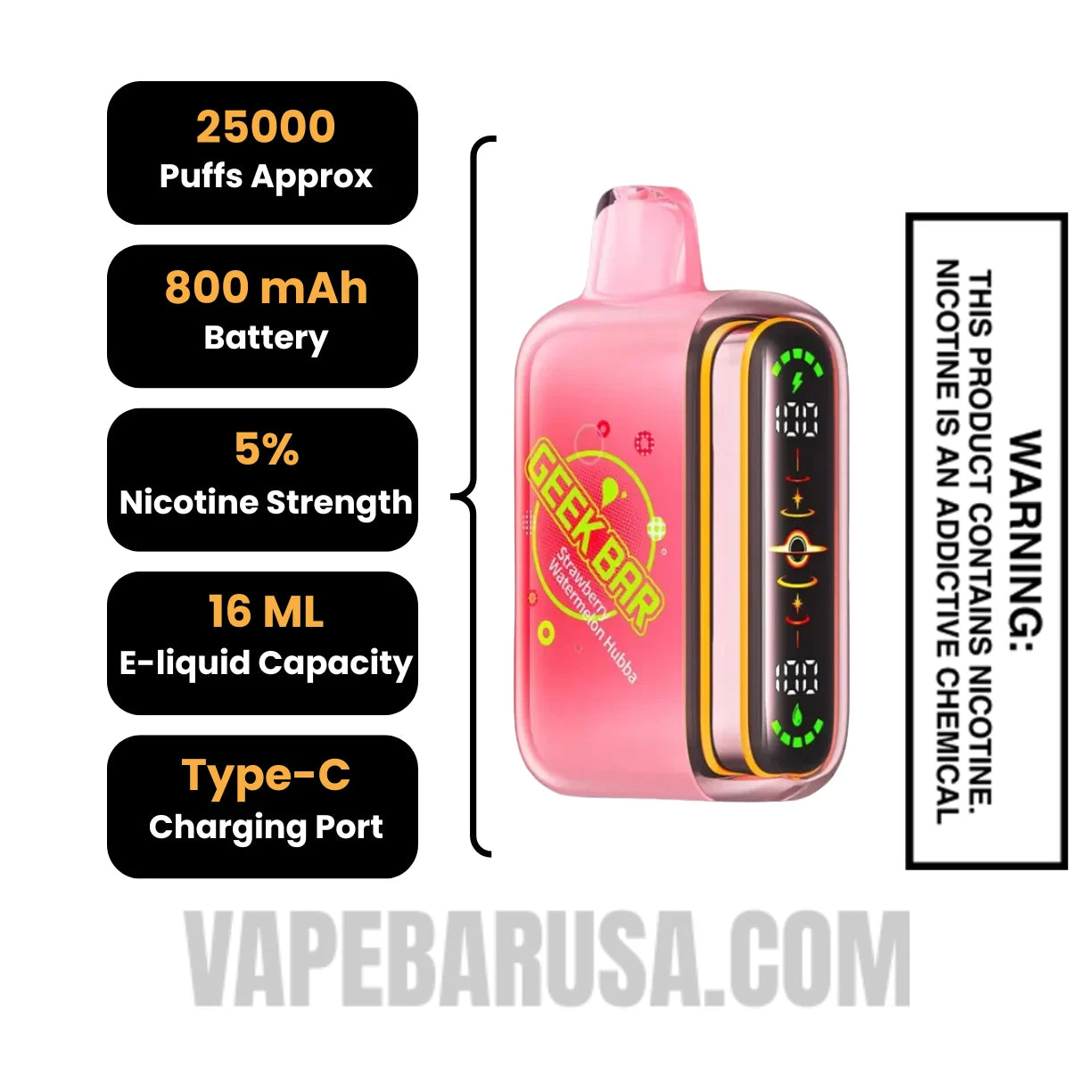 Strawberry Watermelon Geek Bar Pulse 2 Hubba Edition Disposable Vape Specifications