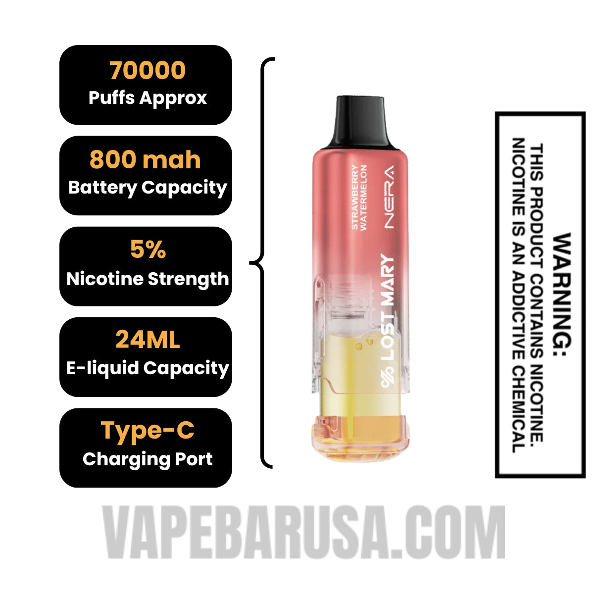 Strawberry Watermelon Lost Mary Nera Fullview 70K Disposable Vape Pod Specifications