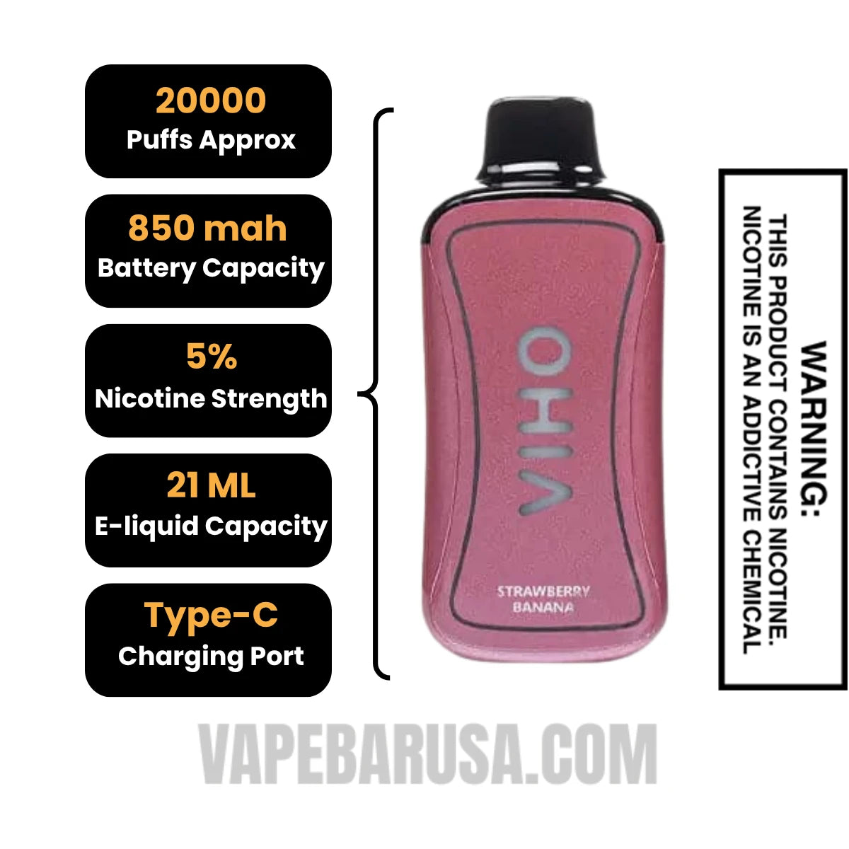 Strawberry Banana VIHO Supercharge 20000 Puffs Vape Specifications