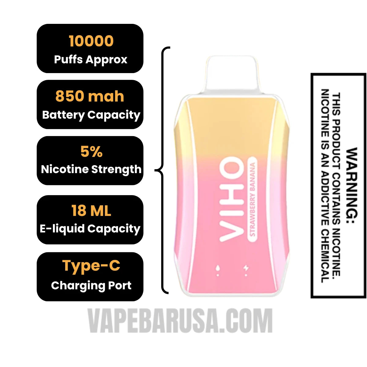 Strawberry Banana VIHO Turbo Vape 10000 Puffs Specifications