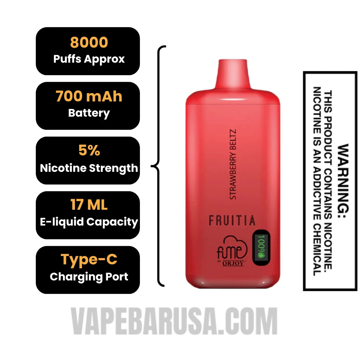 Strawberry Beltz Fruitia X Fume Disposable Vape 8000 Puffs Specifications