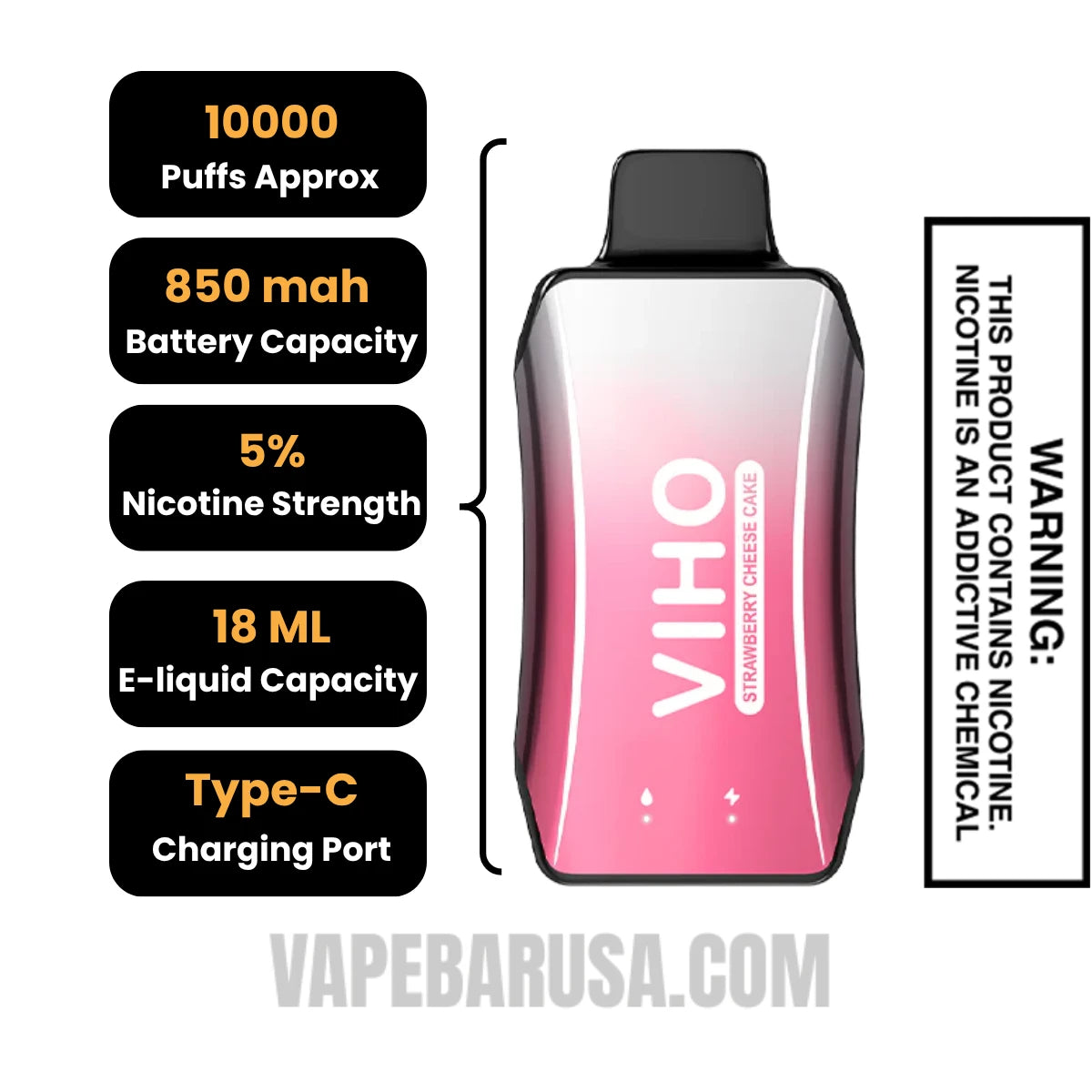 Strawberry Cheese Cake VIHO Turbo Vape 10000 Puffs Specifications