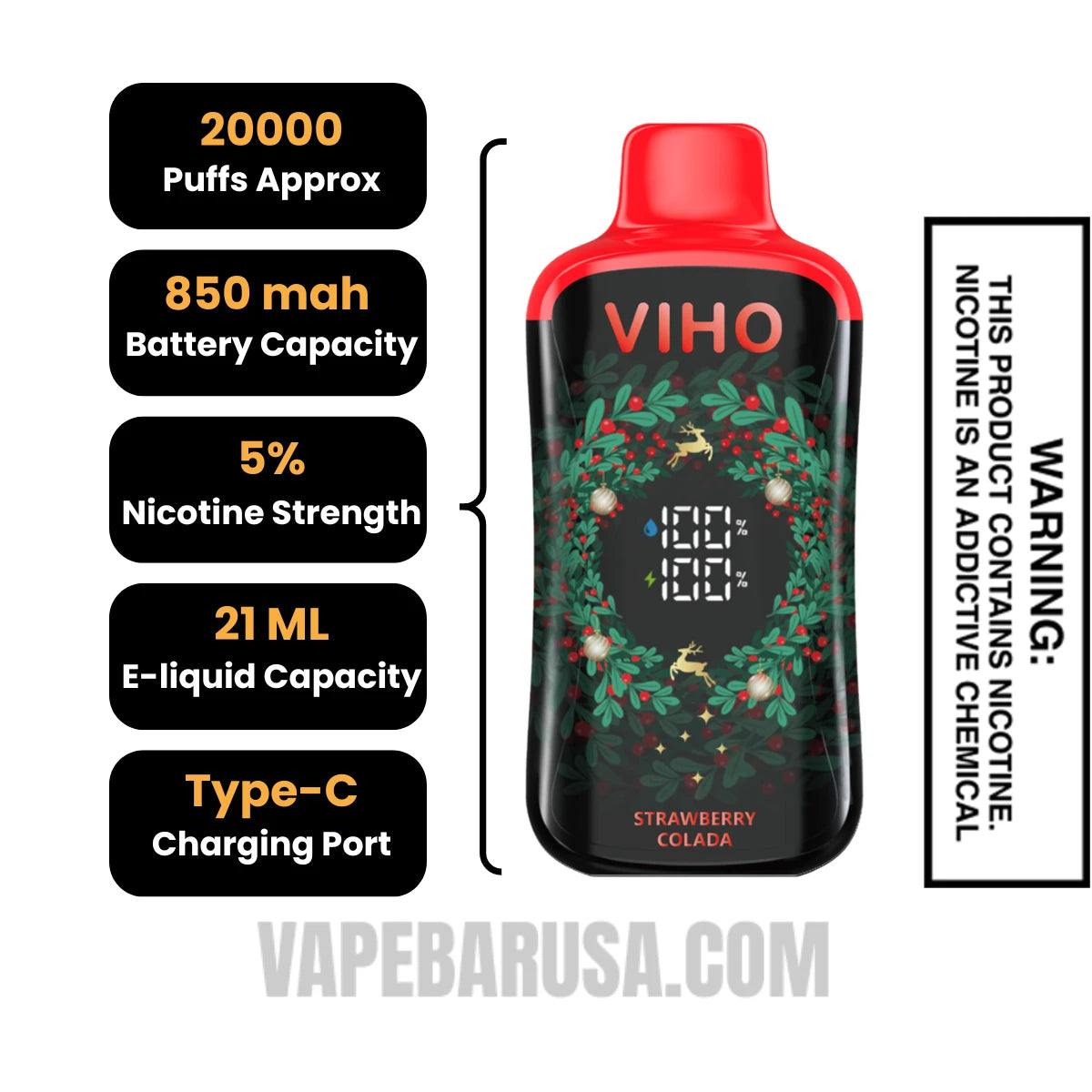 Strawberry Colada VIHO Supercharge Pro Christmas Disposable Vape Specifications