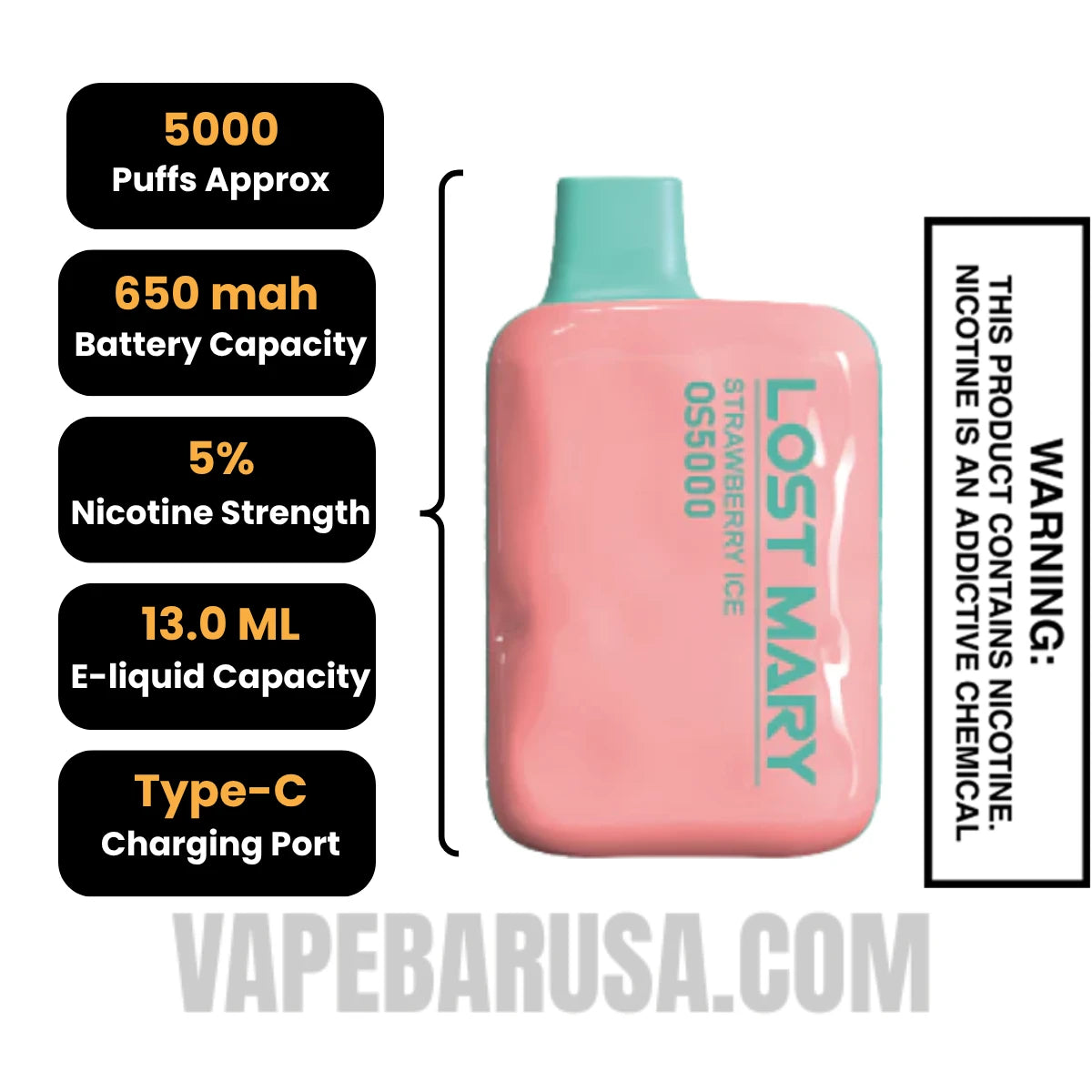 Strawberry Ice Lost Mary OS5000 Disposable Vape Specifications