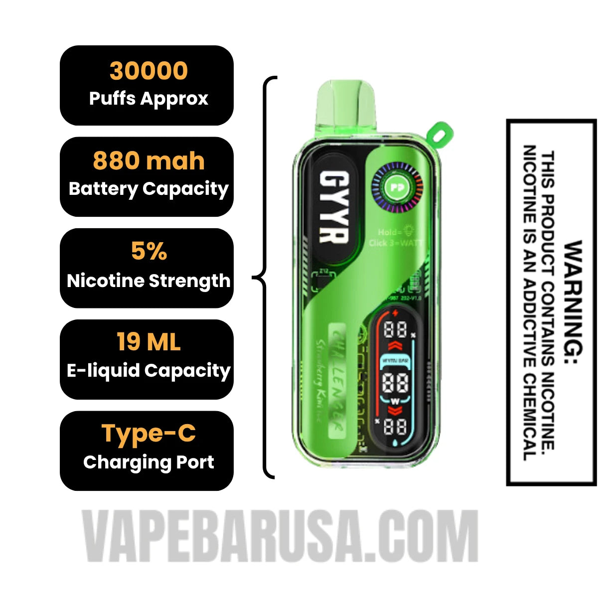 Strawberry Kiwi Ice GYYR X Wynn Bar Challenger 30K Vape Specifications 