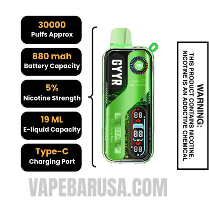 Strawberry Kiwi Ice GYYR X Wynn Bar Challenger 30K Vape Specifications 