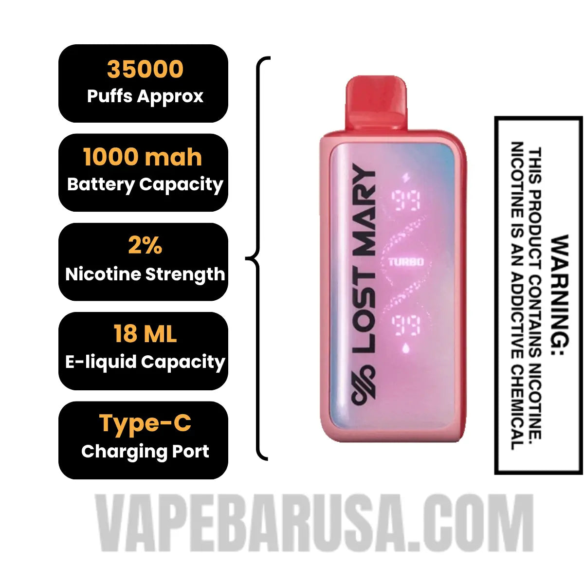 Strawberry+ Lost Mary MT35000 Disposable Vape 20 MG Specifications