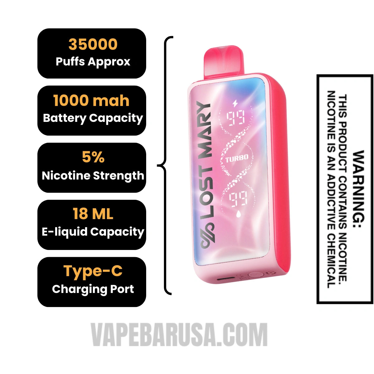 Strawberry Lost Mary MT35000 Disposable Vape Specifactions
