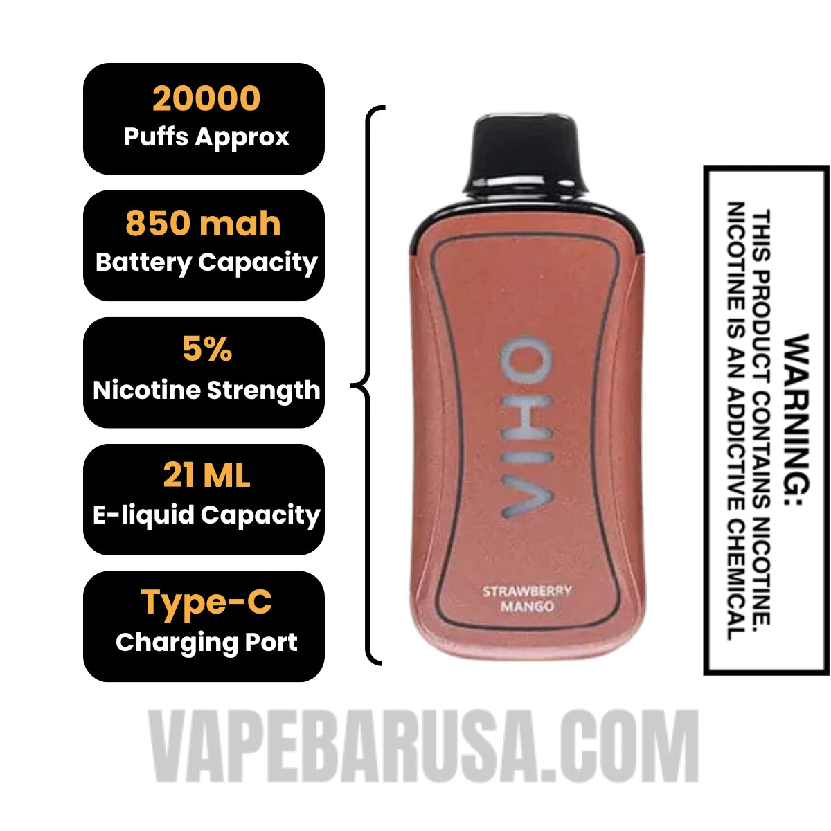 Strawberry Mango VIHO Supercharge 20000 Puffs Vape Specifications