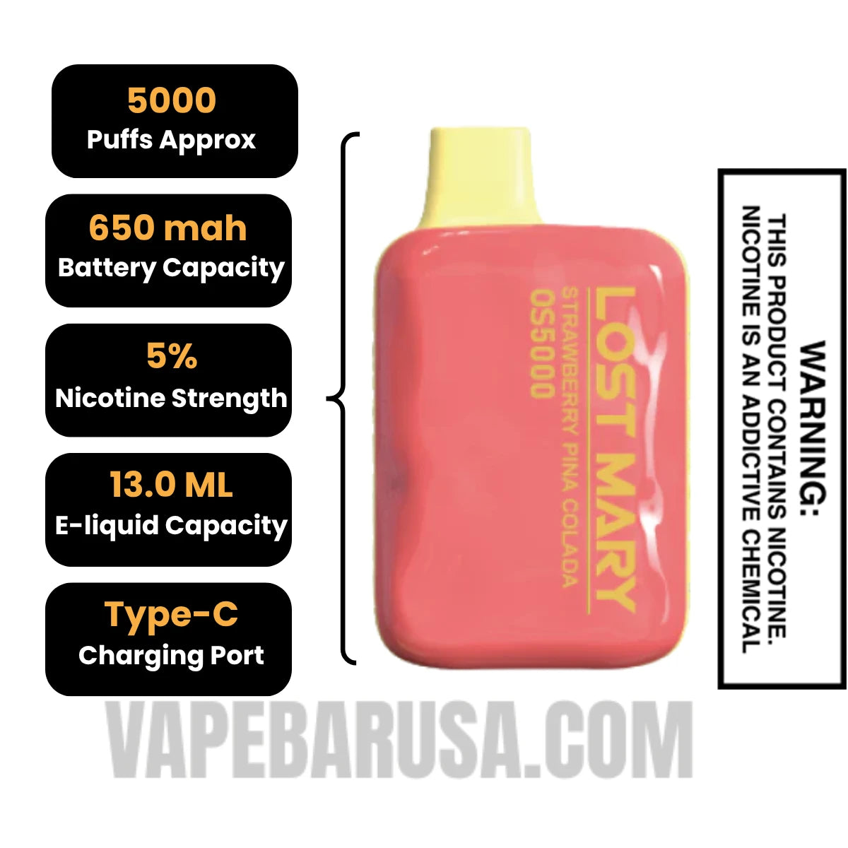 Strawberry Pina Colada Lost Mary OS5000 Disposable Vape Specifications