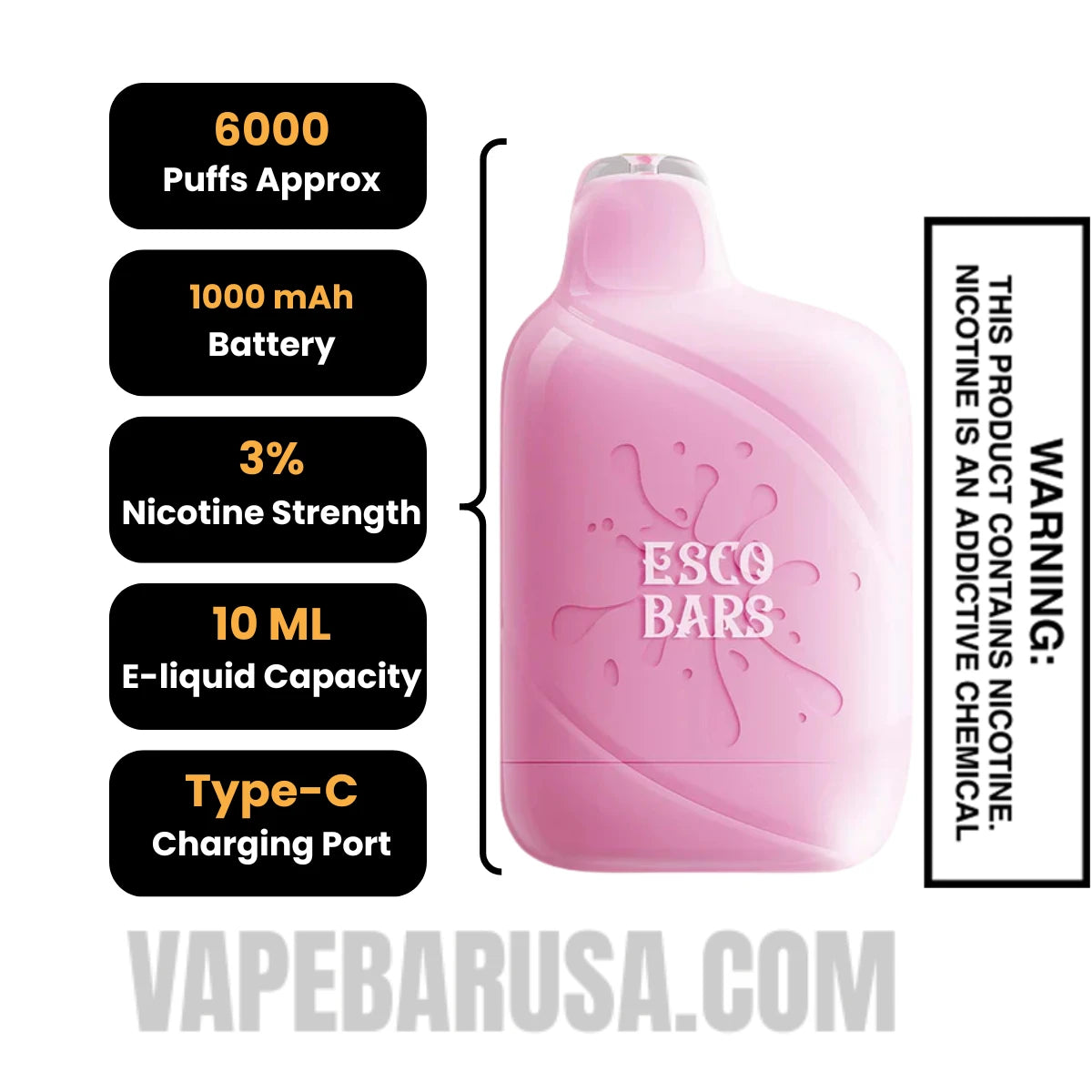 Strawberry Shortcake Esco Bars 6000 Puffs Disposable Vape Specifications