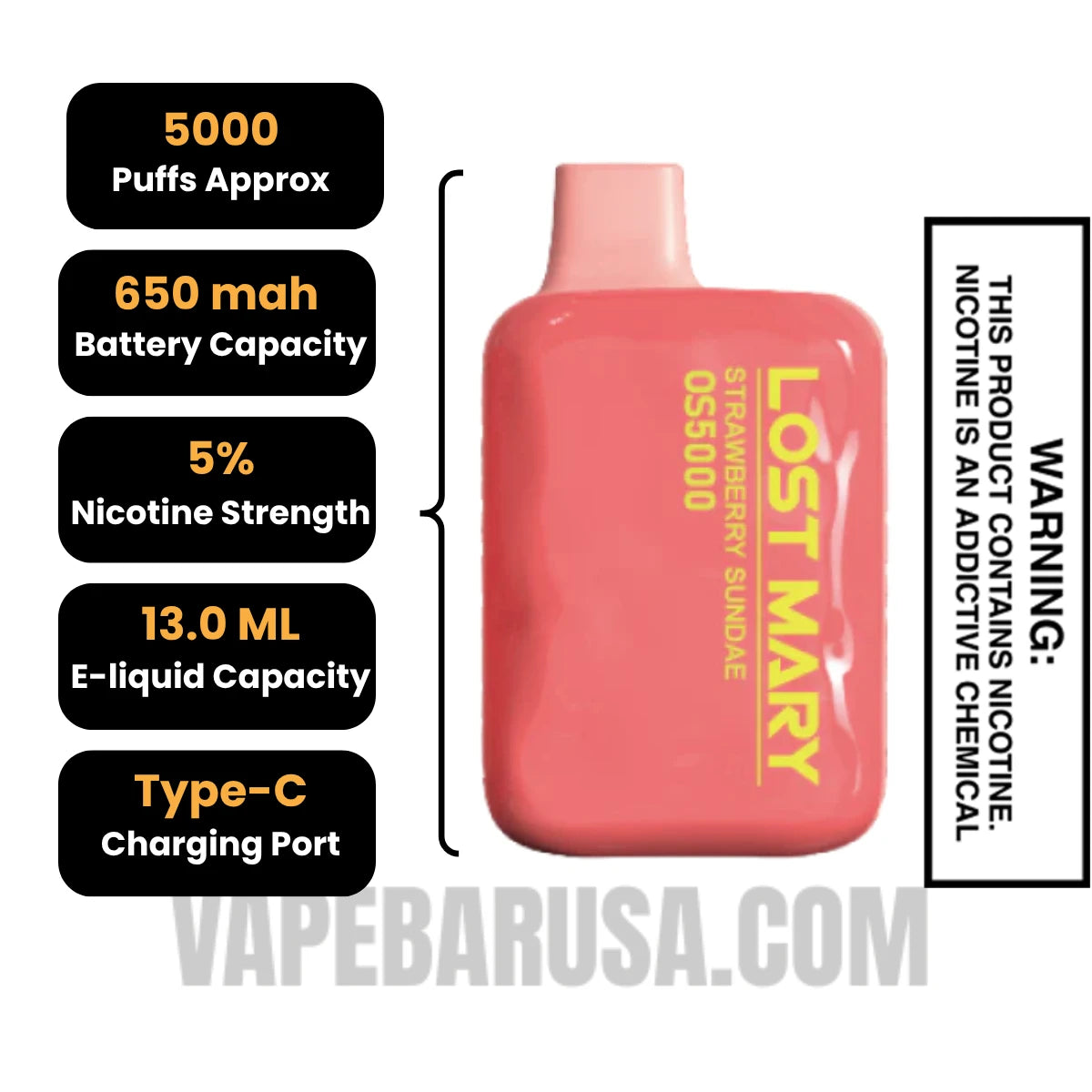 Strawberry Sundae Lost Mary OS5000 Disposable Vape Specifications