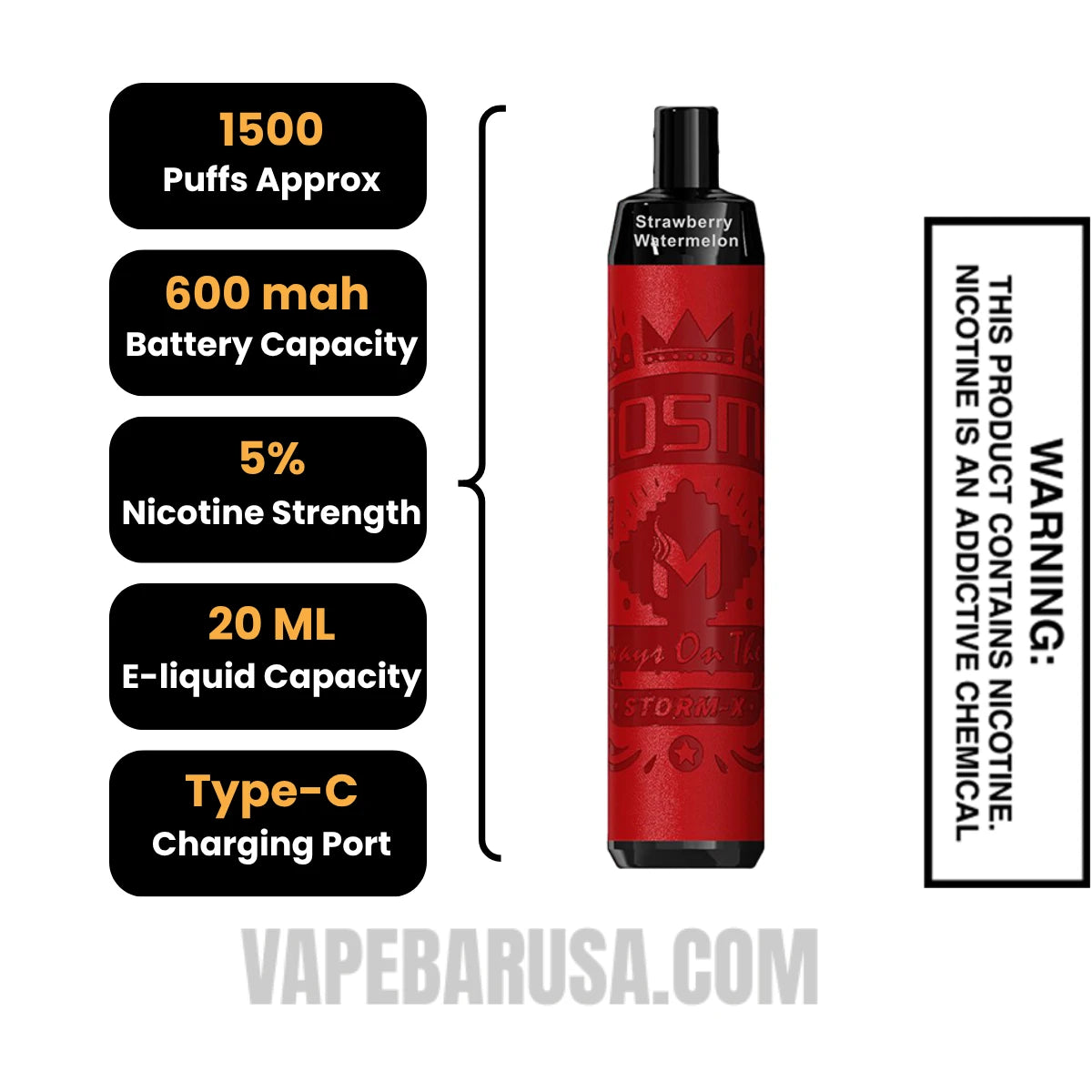 Strawberry Watermelon MOSMO STORM X Mini 1500 Puffs Disposable Vape Specifications