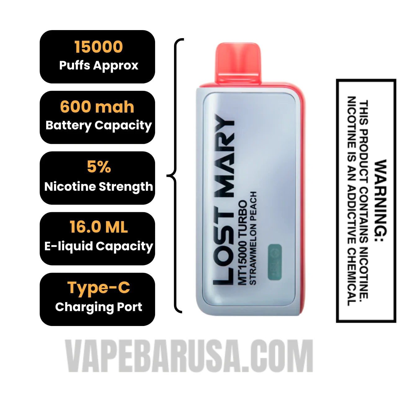 Strawmelon Peach Lost Mary MT15000 Disposable Vape Specifications