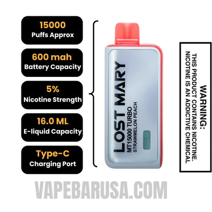Strawmelon Peach Lost Mary MT15000 Disposable Vape Specifications