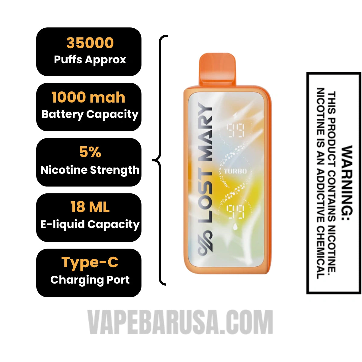 Sunny Orange Lost Mary MT35000 Turbo Disposable Vape Specifications