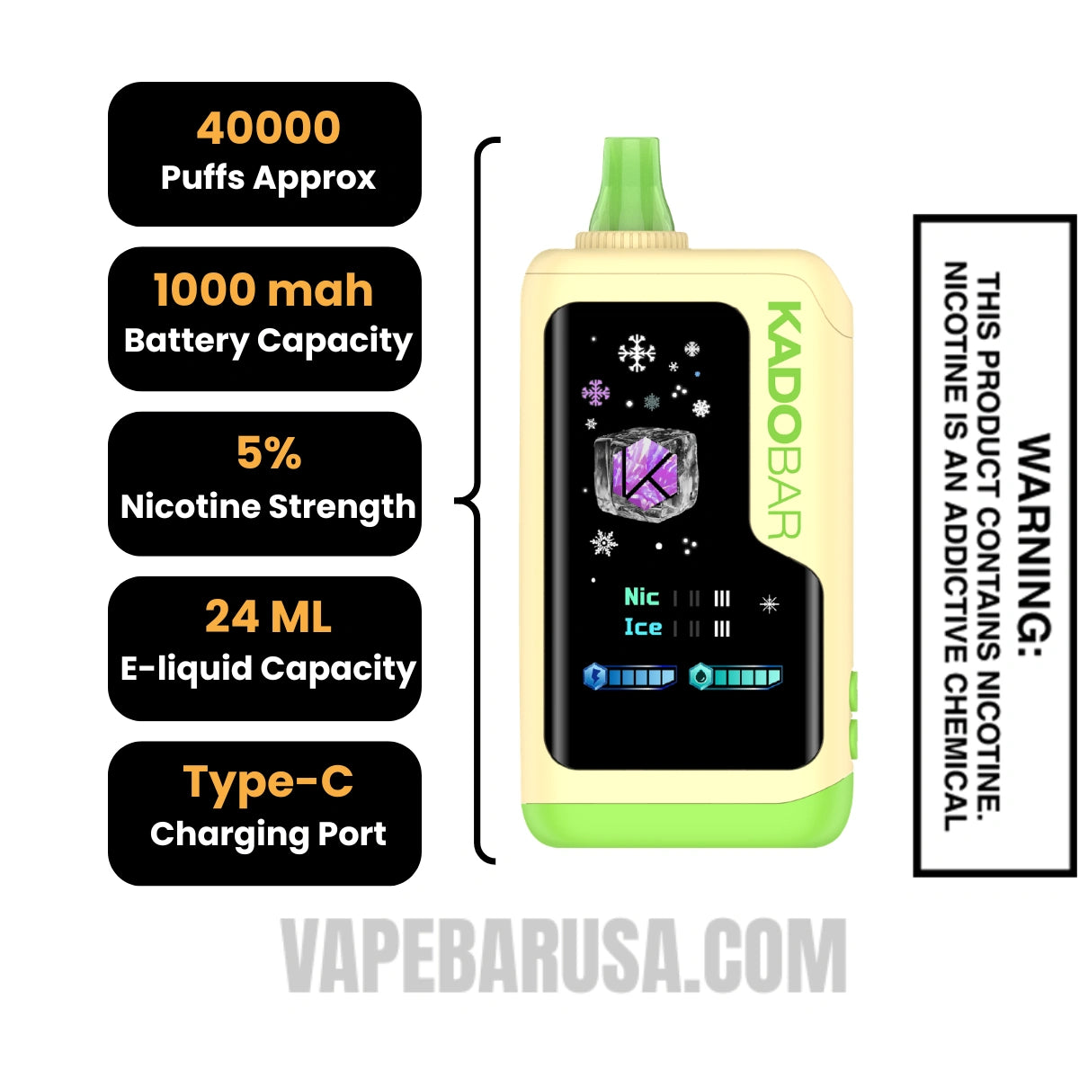 Sunny Tart Kado Bar NI40K Ice-Nic Control Disposable Vape Specifications 