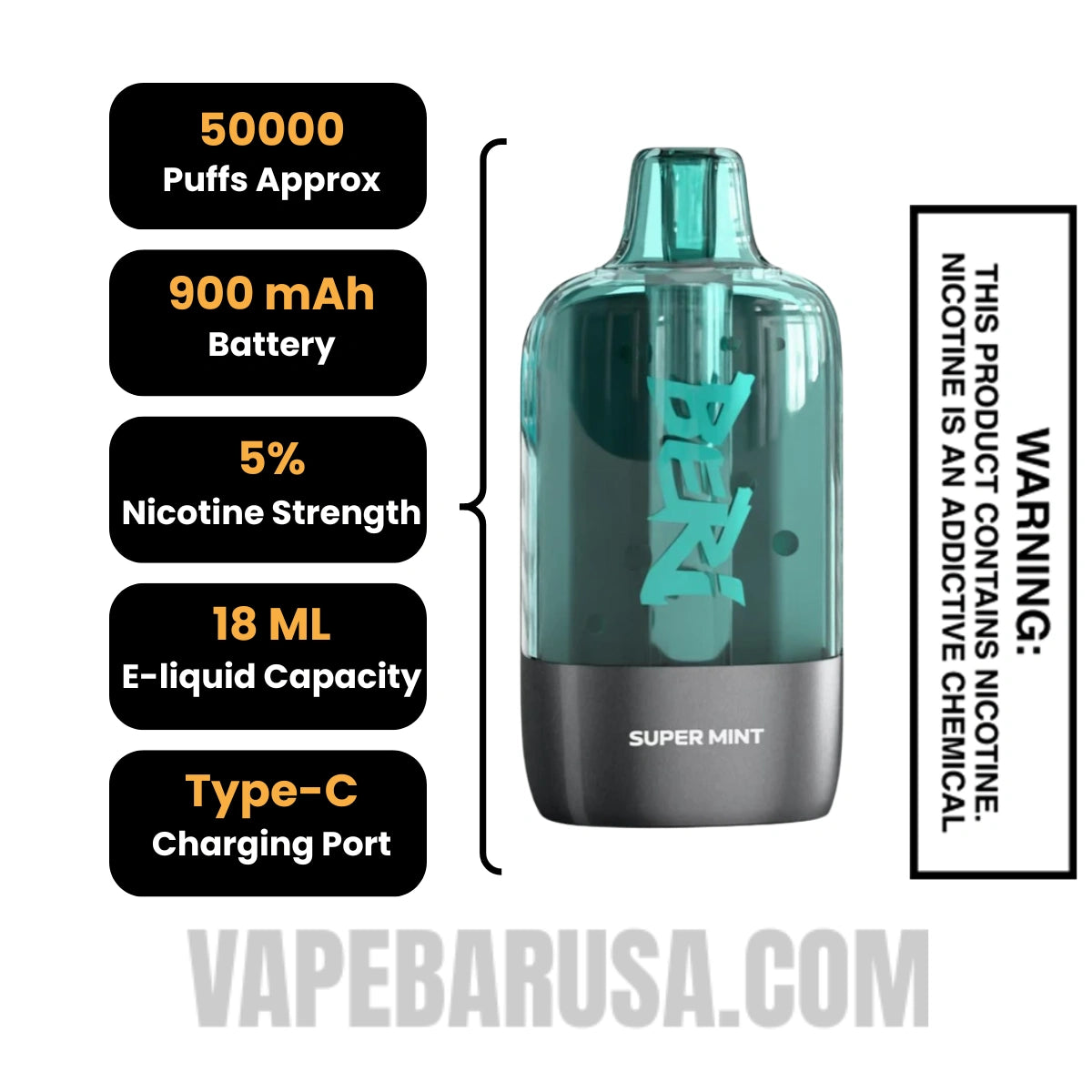 Super Mint Beri Cliq 50K Disposable Vape Pod Specifications