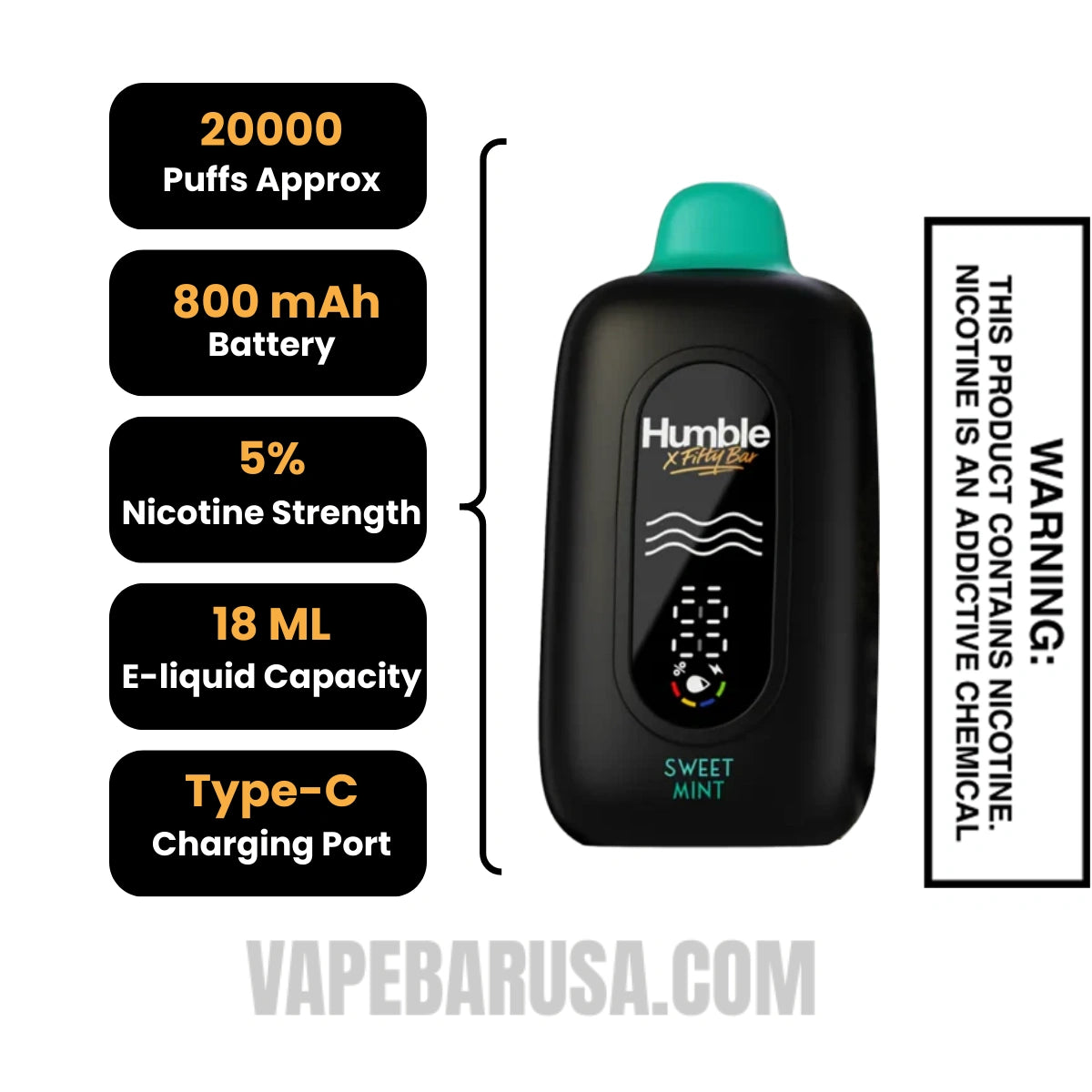 Sweet Mint Humble X Fifty Bar 20K Disposable Vape Specifications