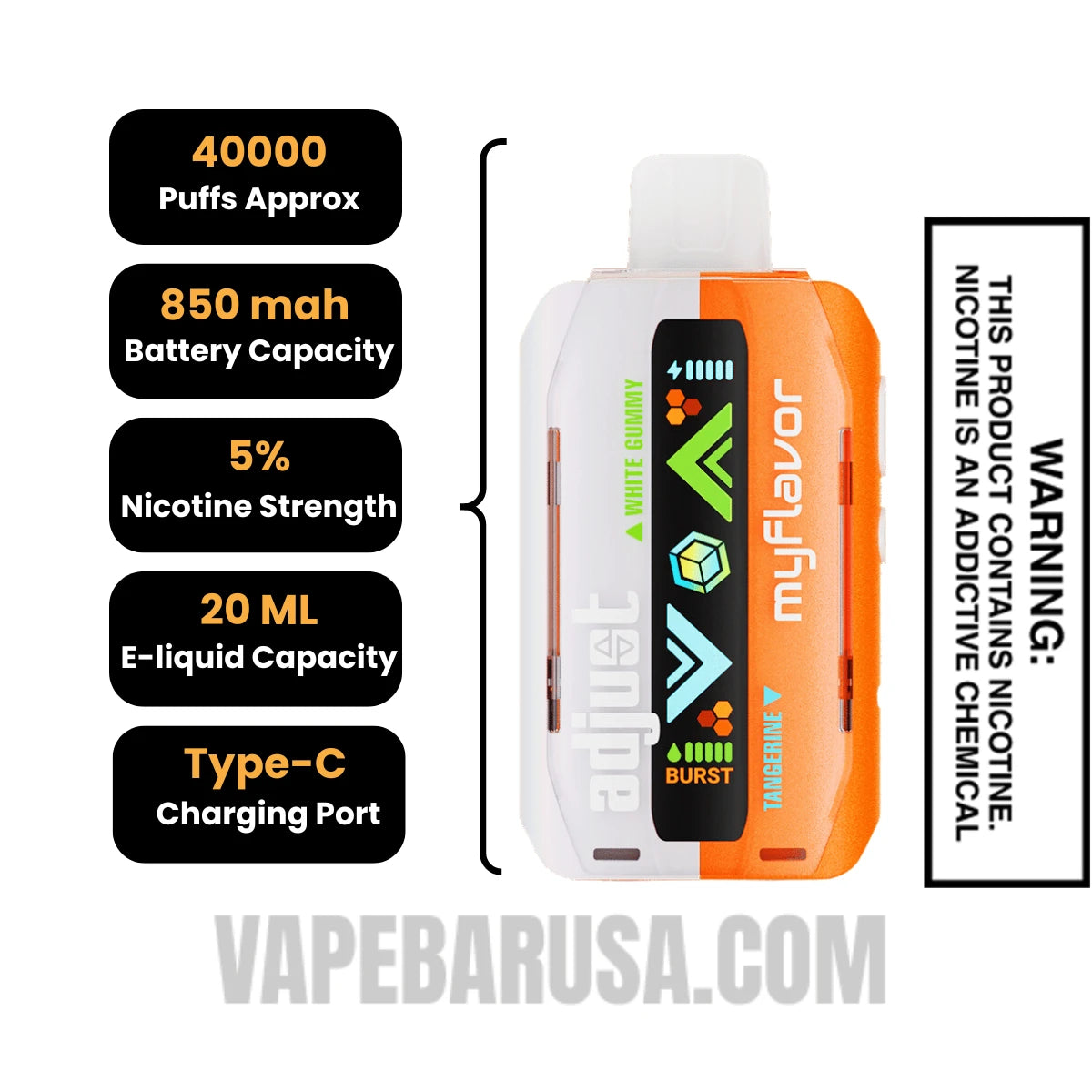 Tangerine White Gummy Adjust MyFlavor 40K Disposable Vape Specifications
