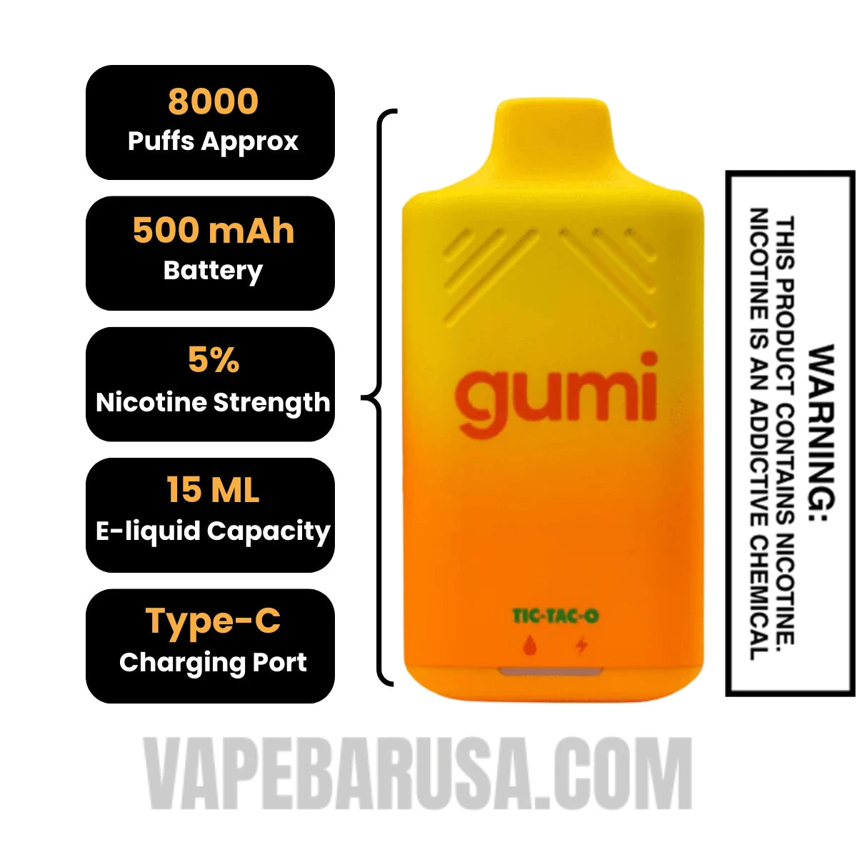 Tic Tac O Gumi Bar Disposable Vape 8000 Puffs Specifications