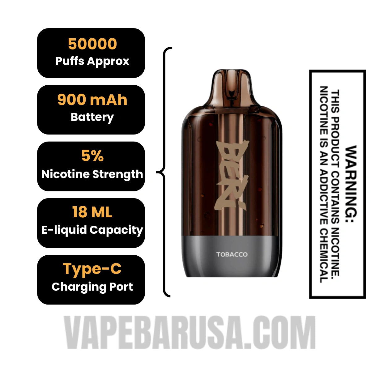 Tobacco Beri Cliq 50K Disposable Vape Pod Specifications