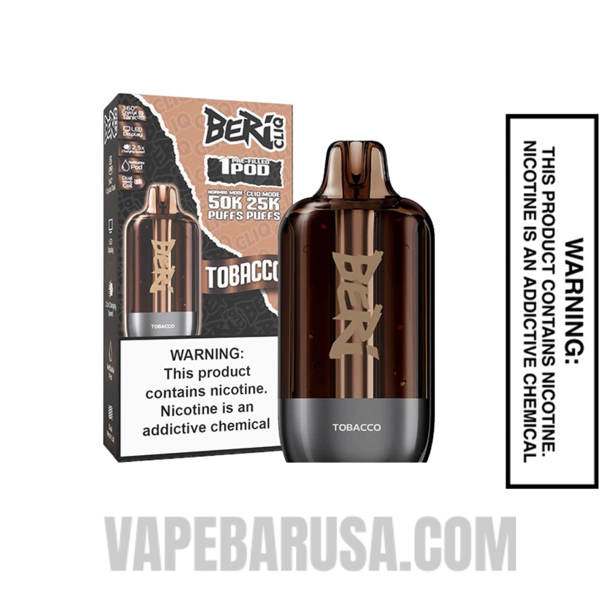 Tobacco Beri Cliq 50K Disposable Vape Pod with package box