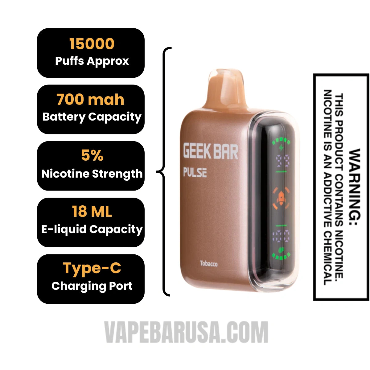 Tobacco Geek Bar Pulse Disposable Vape Specifications