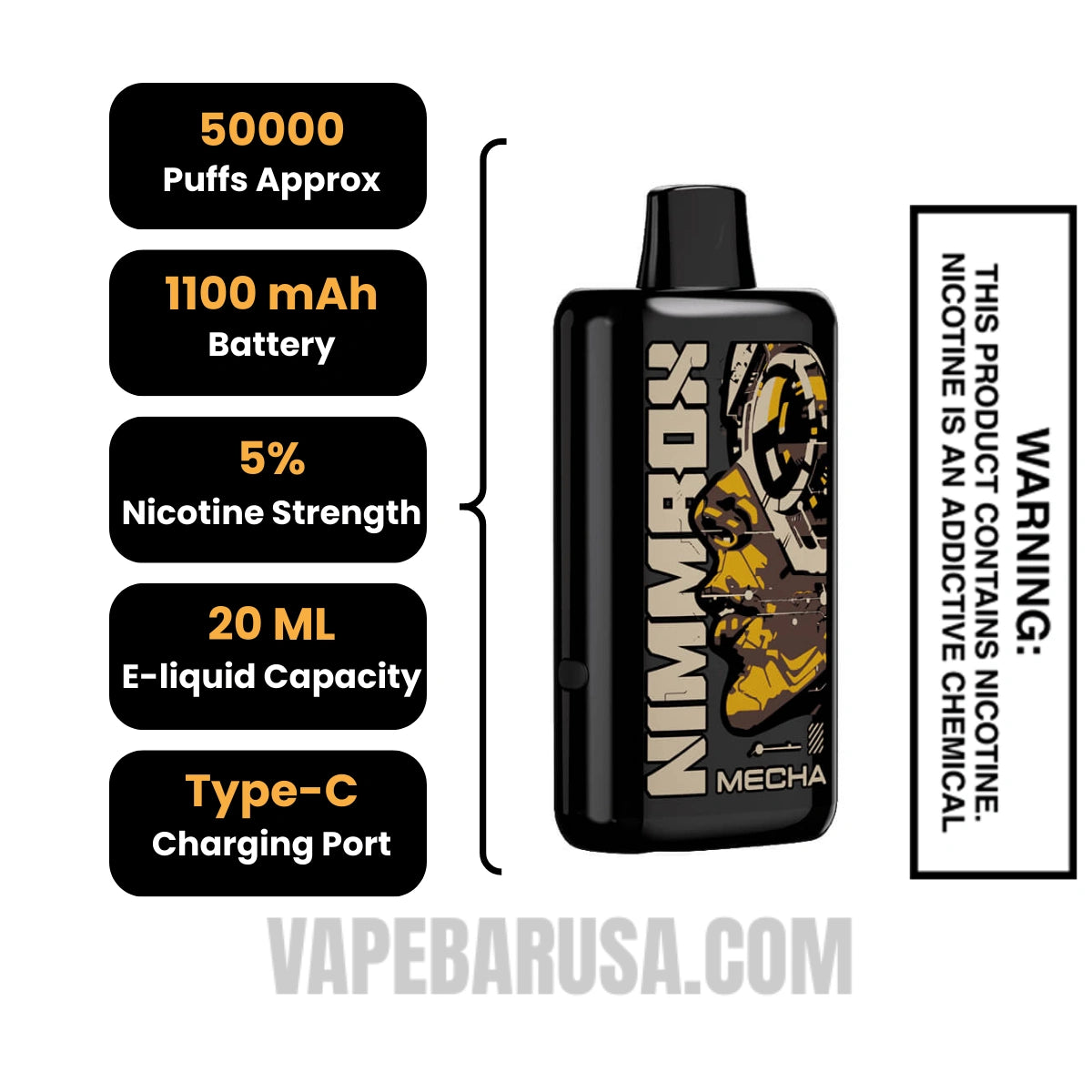 Tobacco Nimmbox MECHA 50K Disposable Vape Specifications
