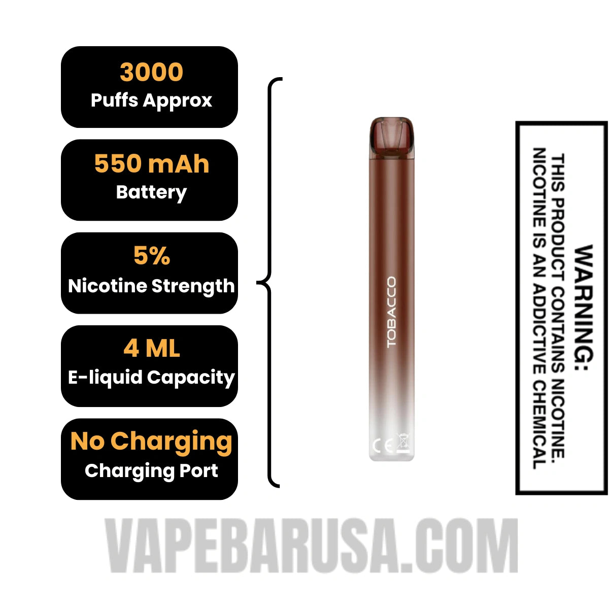 Tobacco Voom Mesh 3000 Puffs Disposable Vape Specifications